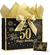 JMANNI Black Gold 50th Birthday Gift Bag with Card and Tissue Paper, 12.6"×9.84"×3.9" Elegant Pre...