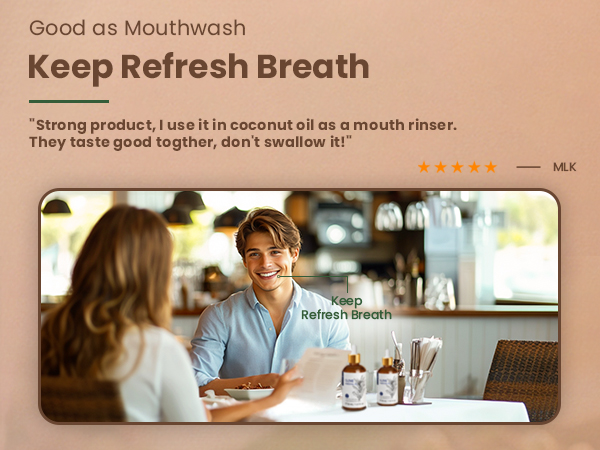Text reads 'Keep Refresh Breath' and 'Spraying product, I sure it is essential oil get is through inhaler. They tastes good together, don't sensitive it!'. Marketing image showing product usage.