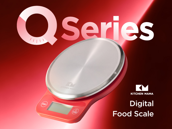 Kitchen Mama Q Series digital food scale with stainless steel platform, LCD display, compact scale