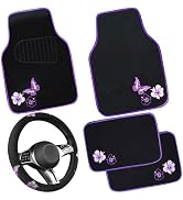 CAR PASS Butterfly Steering Wheel Cover and Waterproof Car Floor Mats,Purple Car Mats 14.5-15inch...