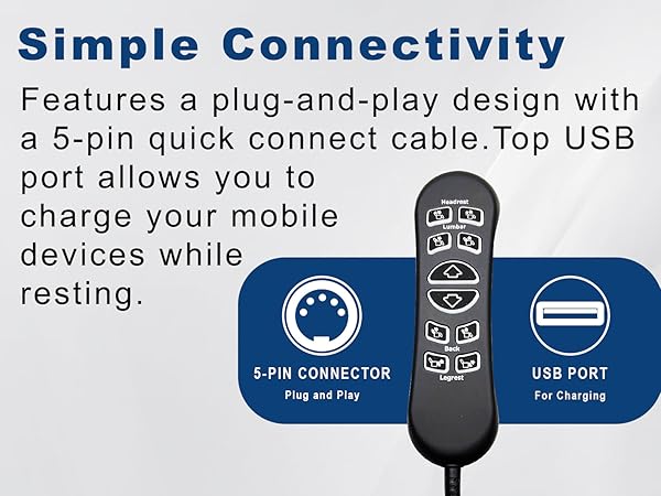 Features a plug and play design with a 5-pin quick connect cable. Top USB port to charge your phone.