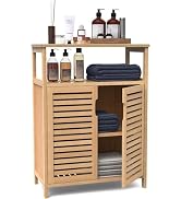FoverOne Bamboo Bathroom Storage Cabinet with 2 Doors, Bathroom Floor Freestanding Cabinets Organ...