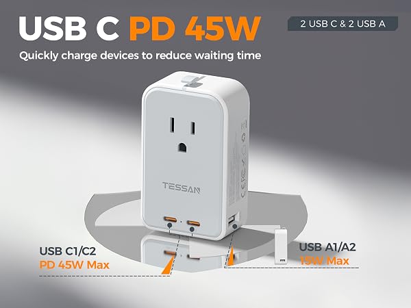 This European travel plug adapter can be expanded to 1 AC outlets and 4 USB ports (2 USB C)