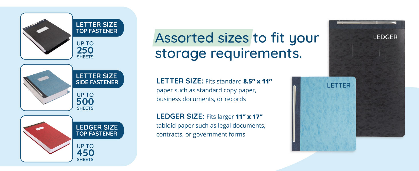 Details on various sizes and capacity of pressboard report covers