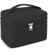 imerelez Large Travel Quilted Makeup Bag for Women, Cotton Cosmetic Bag, Toiletry Organizer (Black)