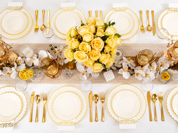 100 Pack Ivory Scalloped Plastic Plates - 7.25 Inch/10.25 Inch Gold Disposable Plates with Gold Rim