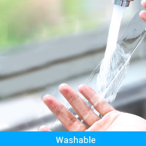 Close-up of a hand under a stream of water, with 'Washable' text below, suggesting a product feature.