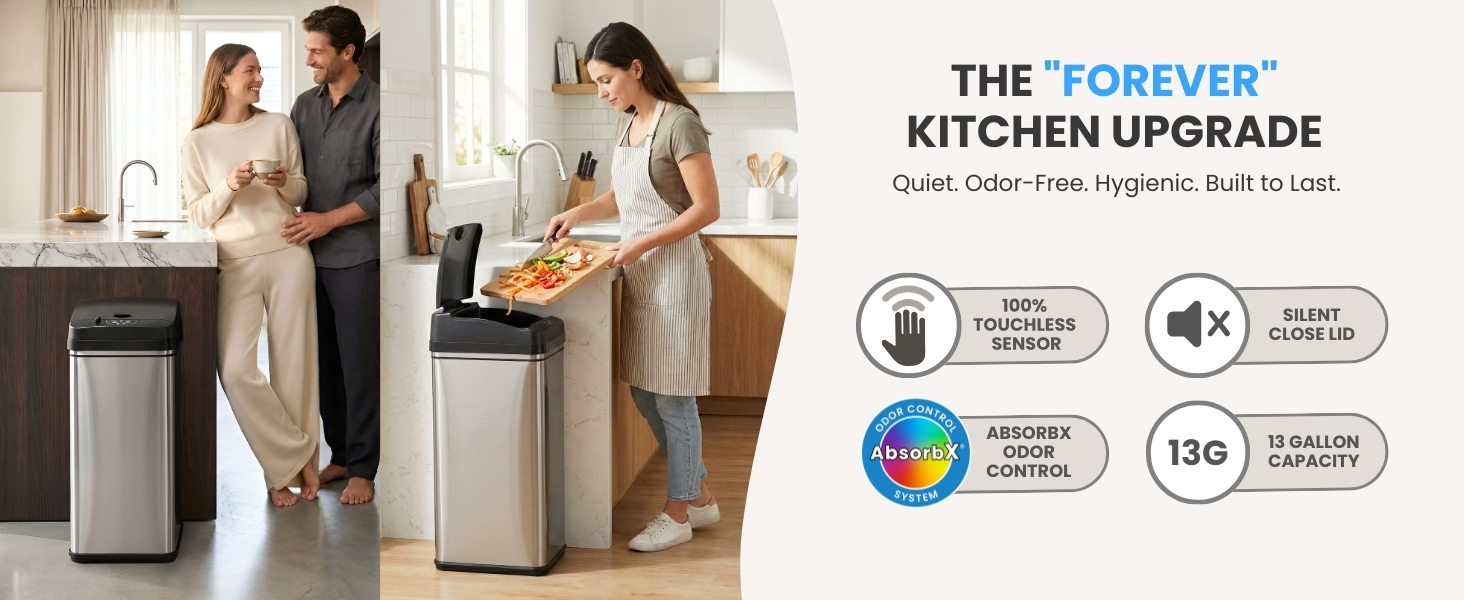 iTouchless stainless steel sensor kitchen trash can with soft-close lid and odor filter