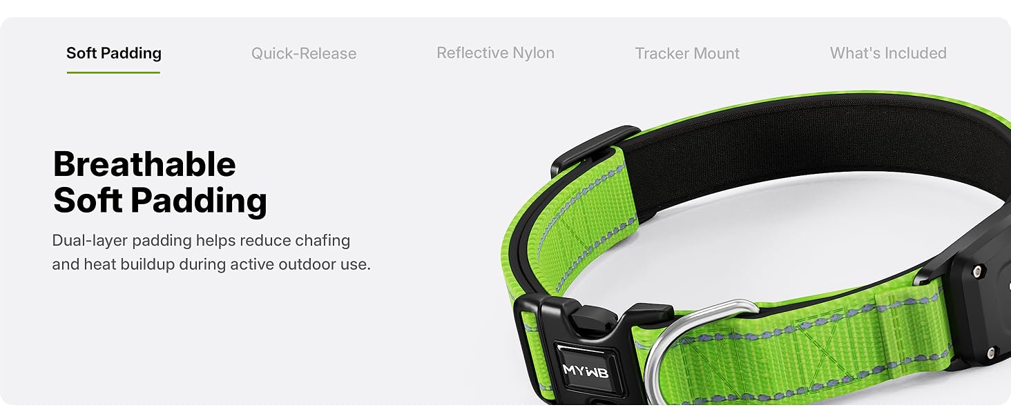 Breathable dual layer padding helps reduce chafing and heat buildup on this dog collar