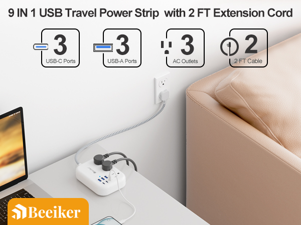 Short Extension Cord 2 Foot- 6 USB(3 USB C) Travel Power Strip with 24W USB and 3 Outlets