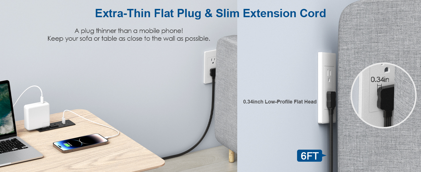 Ultra Thin Flat Plug Recessed Power Strip