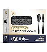 200 Count Black Plastic Silverware Heavy Duty - Black Plastic Forks And Spoons Set - BPA Free Pla...
