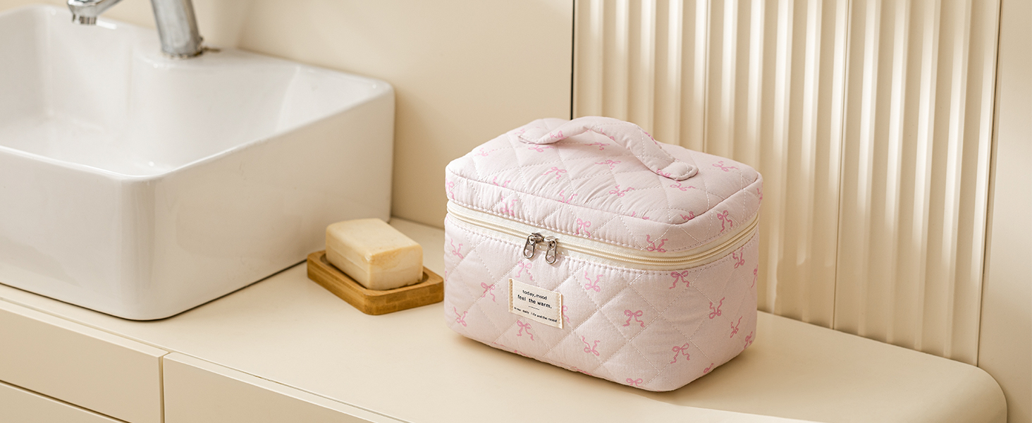 HBselect Quilted Makeup Bag, Cotton Large Travel Makeup Bag
