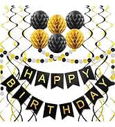 Black Birthday Decorations, Happy Birthday Banner, Paper Pom Poms, Circle Garland and Hanging Swi...
