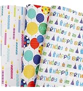 BULKYTREE Birthday Wrapping Paper for Boys Girls Kids Men Women Holiday Party - 3 Large Sheets Co...