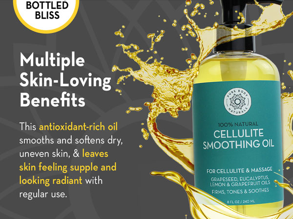Cellulite smoothing oil, highlighting its antioxidant-rich, skin-softening benefits.