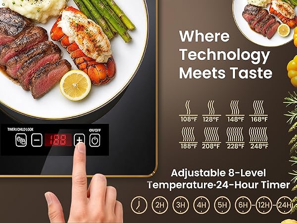 24 hour timer, adjustable 8 level temperature, child lock