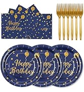 75PCS Happy Birthday Paper Plates - 7 Inch Dark Blue Gold Dot Paper Plates and 6.5 Inch Napkins w...