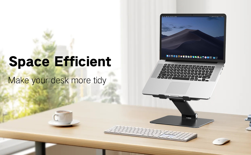 Text reads 'Space Efficient' and 'Make your desk more tidy'. Modern laptop stand on wooden desk with keyboard and coffee cup, demonstrating minimalist workspace organization.