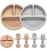 Eascrozn Silicone Baby Feeding Set, 2 Pack Divided Baby Plates with Suction, 2 Pack Spoons and Fo...