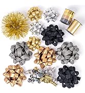 WRAPAHOLIC 14 Pcs Gift Bows Assortment - 10 Multi Colored Assorted Size Gift Bows(Black, Gold, Si...