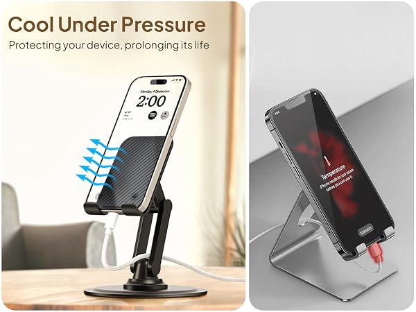 Phone cooling stand with dual-panel display showing cooling feature. Adjustable metal phone holder with 'Cool Under Pressure' text and airflow indicators.