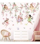 decalmile Pink Flower Fairy Wall Stickers Hanging Peony Flower Vine Butterfly Elf Wall Decals Bab...