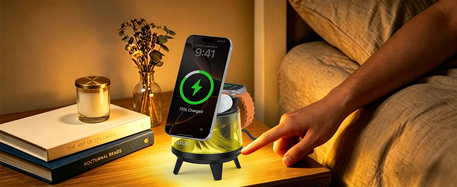 Wireless charger with touch control ambient light, ideal for bedside charging at night