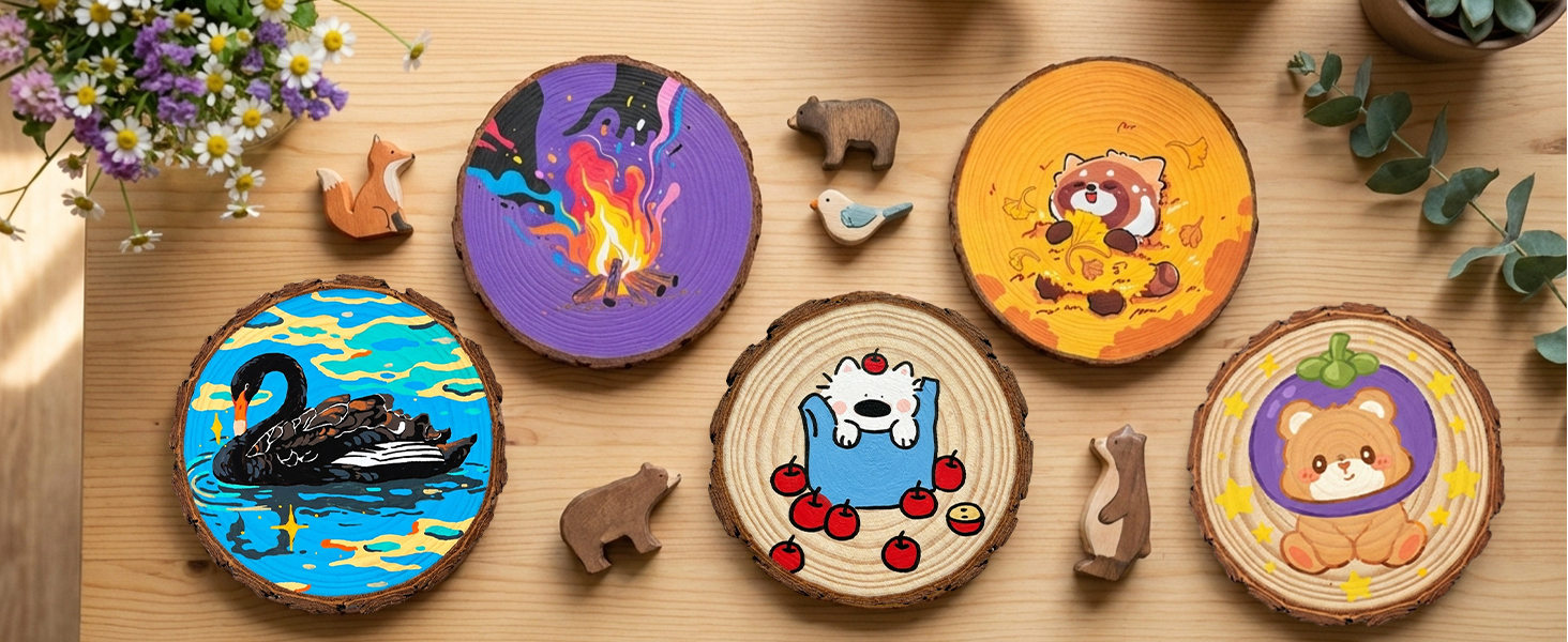 Text reads 'Image 7'. Collection of five decorative wooden circular coasters with colorful painted cartoon animal designs.