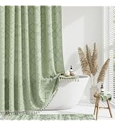 Dynamene sage Green Fabric Shower Curtain, Boho Tufted Geometric Striped Tassel Shower Curtain fo...