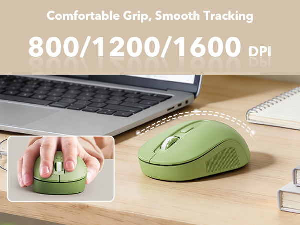 Green ergonomic mouse on desk with smooth tracking and adjustable DPI settings