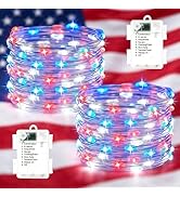2 Pack 4th of July Decoration Lights - 16.4ft 50 LEDs Red White Blue Battery Fairy Lights with Ti...