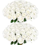 Rowfad 60 Pcs Artificial Roses Bulk Velvet Silk White Roses Realistic White Roses for Wedding Cen...