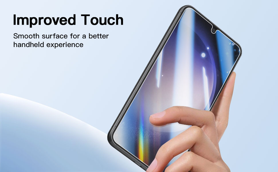 Smartphone with a smooth, reflective surface displaying blue and purple hues. A hand is shown holding the device, emphasizing its sleek design.