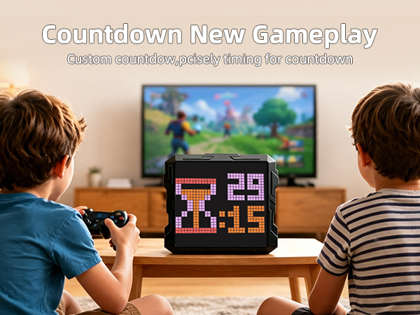 Text reads 'Countdown New Gameplay' with subtitle 'Original-Sportsball-Uptown-Building-the-Unexpected.' Two children holding controllers facing television screen displaying game interface with scoreboard.