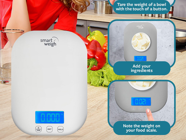 add your ingredients note the weight on the food scale