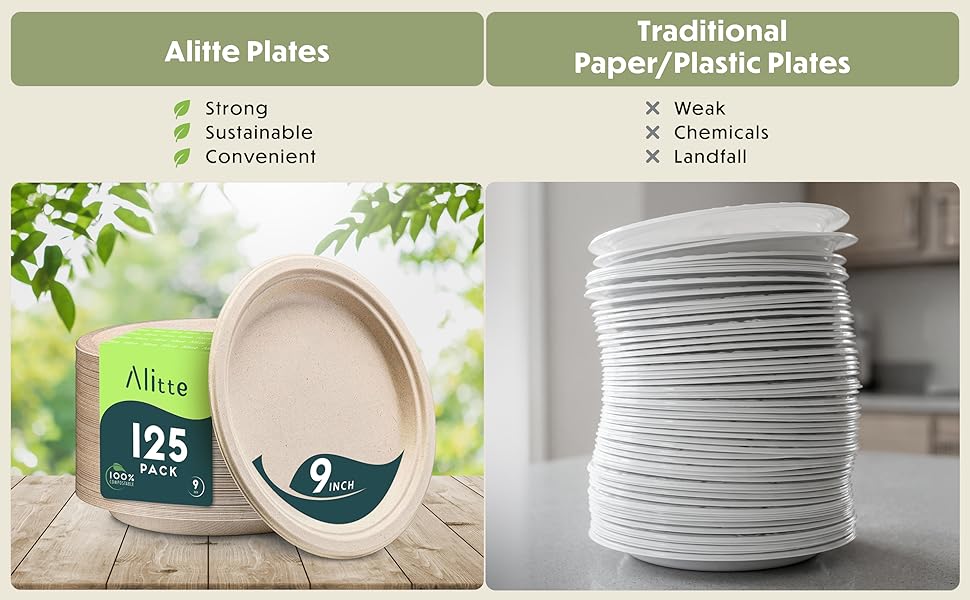 Compostable paper plates made from biodegradable materials for everyday use and parties