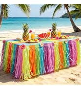Bensbl Luau Grass Table Skirt, 9 Ft x 2.45 Ft Paper Hawaiian Table Skirt with 5 Adhesive Hook and...