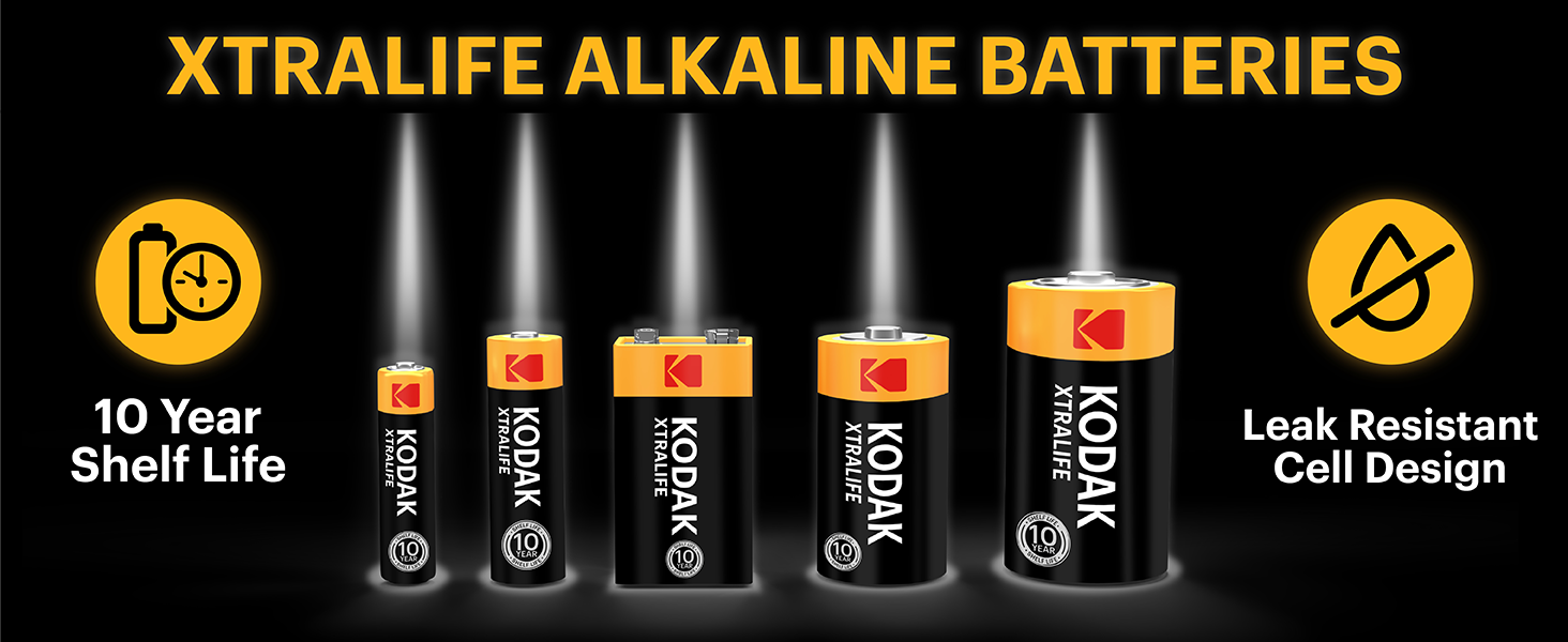 KODAK Xtralife Alkaline Batteries. AA, AAA, C, D, 9V, Leak Resistant, 10 Year Storage