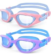 Kids Swim Goggles in Dual-Tone, Adjustable Nose Pads & Soft Silicone for Leak-proof(6-14), Clear ...
