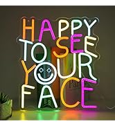 HAPPY TO SEE YOUR FACE" Smiley Neon Sign - Reunion-Ready LED Wall Art with Dimmer (14.2"×12.6")
