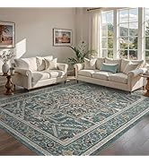 WITSHOCK Teal 10x14 Large Living Room Rugs: Washable Modern Vintage Boho Soft Low Pile Stain Resi...