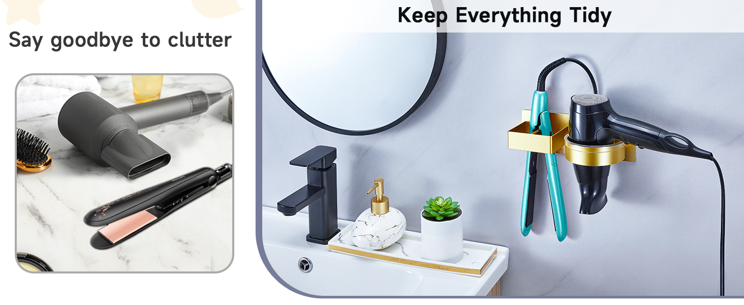 Text reads 'Say goodbye to clutter' and 'Keep Everything Tidy'. Shows bathroom organization solutions with mounted holders for cleaning supplies.