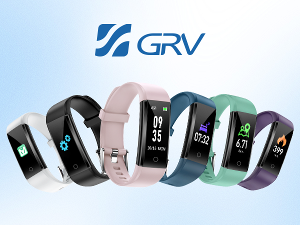 GRV fitness trackers in various colors. Rectangular screens display time, steps, and health metrics. Adjustable silicone wristbands in black, white, pink, blue, and mint green.