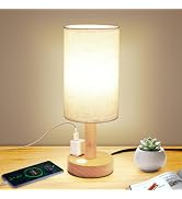 Small Bedside Table Lamp with AC Outlet,Natural Round Wood Base&Fabric Linen Shade,Cozy Night Tab...