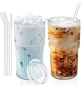 Luiaiog Glass Coffee Cups with Lids and Straws - Set of 2 Shatter-Resistant Tumblers for Cold or ...