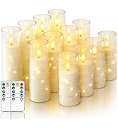 Homemory 12Pcs Flameless Candles with Star String Fairy Lights, Flickering Battery Operated Candl...