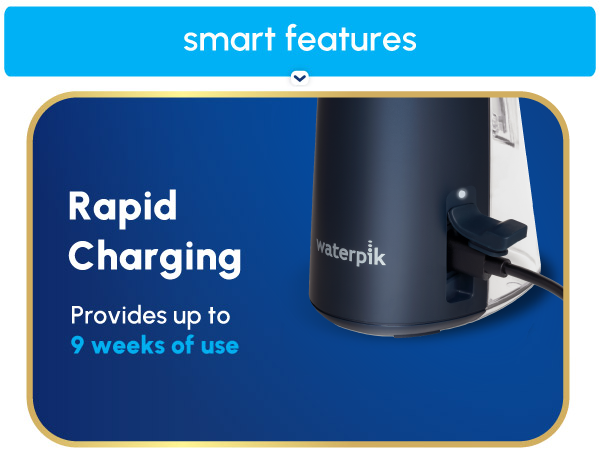 Image of charging cable in water flosser with text that says rapid charging