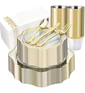 Realluck 350 PCS Clear and Gold Plastic Plates, Gold Disposable Plates for 50 Guests, Includes 10...