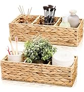 Pumtus 2 Pack 3-Section Wicker Baskets, Water Hyacinth Storage Bin, Handwoven Desk Organizer, Toi...